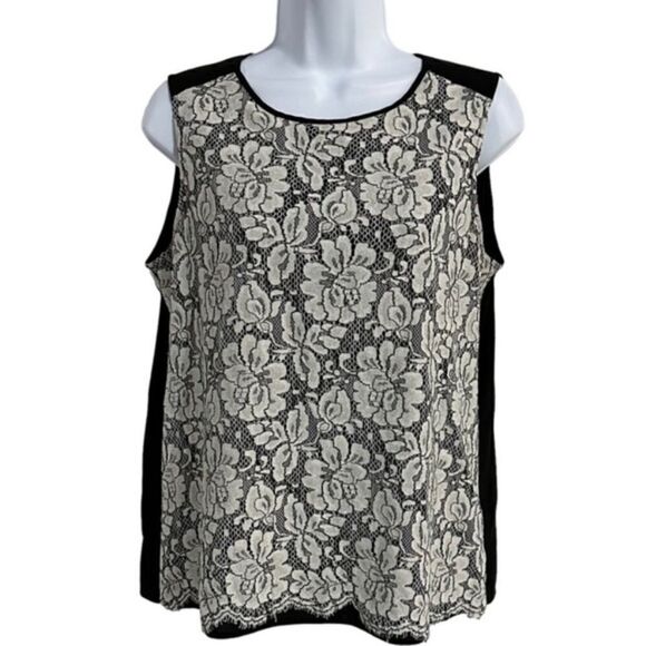 Calvin Klein black sleeveless floral lace overlay round neck blouse-L - Picture 1 of 5